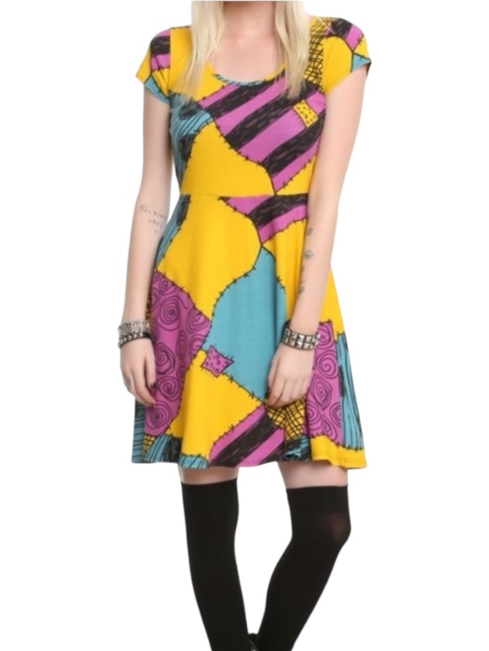 Disney Nightmare Before Christmas Sally Patchwork Skater Dress S Goth Halloween